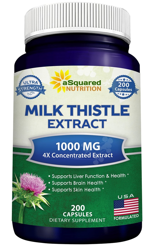 aSquared Nutrition Milk Thistle Supplemento 1000mg-200 Capsule, Max Strength 4X Concentrated Extract 4:1 Milk Thistle Seed Powder Herb Pills, 1000 mg Silymarin Extract for Liver Support, Cleanse, Detox