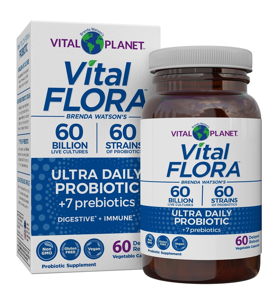 Vital Planet - Vital Flora Ultra Daily Probiotic 60 miliardi di CFU, Diverse Strains, Prebiotici Organici, Supporto Immune, Bloating Relief, Probiotici Digestivi per Donne e Uomini 60 capsule