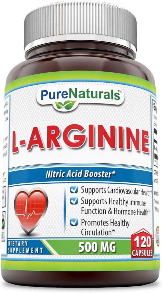 Pure Naturals L-Arginina 500 Mg Capsule, Supporta la salute cardiovascolare, Supporta la funzione immunitaria sana e la salute dell'ormone, promuove la circolazione sana (120)