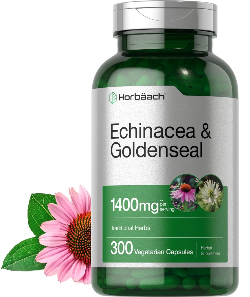 Horbäach Echinacea Goldenseal Capsule | 1400mg | 300 Count | Vegetariano, Non OGM, Gluten Free Extract Supplement