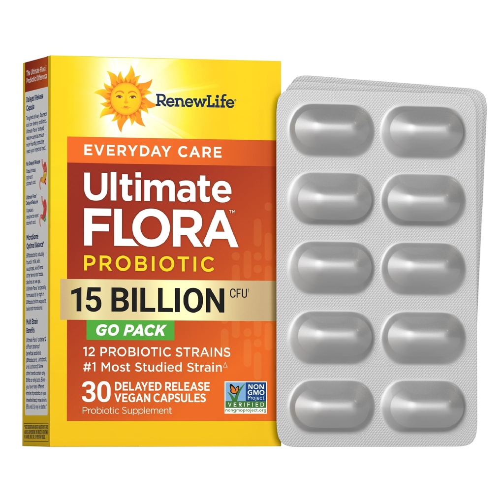 Renew Life Everyday Go-Pack Capsule Probiotici, Supplemento giornaliero Supporta la salute urinaria, digestiva e immunitaria, L. Rhamnosus GG, Dairy, Soy e senza glutine, 15 miliardi di CFU, 30 Conte