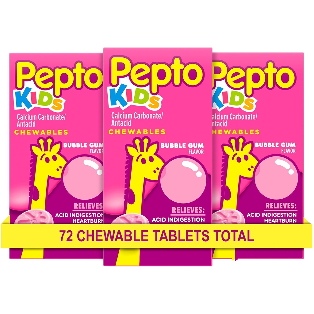 Pepto Kid's Chewable Tablets for Heartburn, Acid Indigestion, Sour Stomach, e Upset Stomach, Bubblegum Flavor, 72 Total (3 pacchetti di 24)