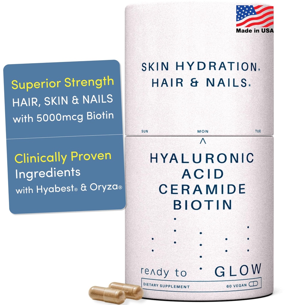 GLOW Anti Aging Supplement - Acido Ialuronico Hyabest®, Phytoceramides, 5000 mcg Biotina, Vitamina A, C, E, Zinco - Hair Skin Nails Vitamins for Women & Men - Wrinkles & Skin Hydration - 60 Capsule