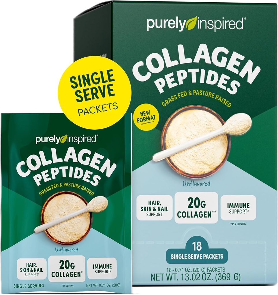 Polvere di collagene puramente ispirata, 18 confezioni singole di servizio, non aromatizzata - 20g polvere di proteine di peptidi di collagene per le donne e gli uomini - erba-feed & Pasture Raised - senza glutine, Paleo & Keto-Friendly