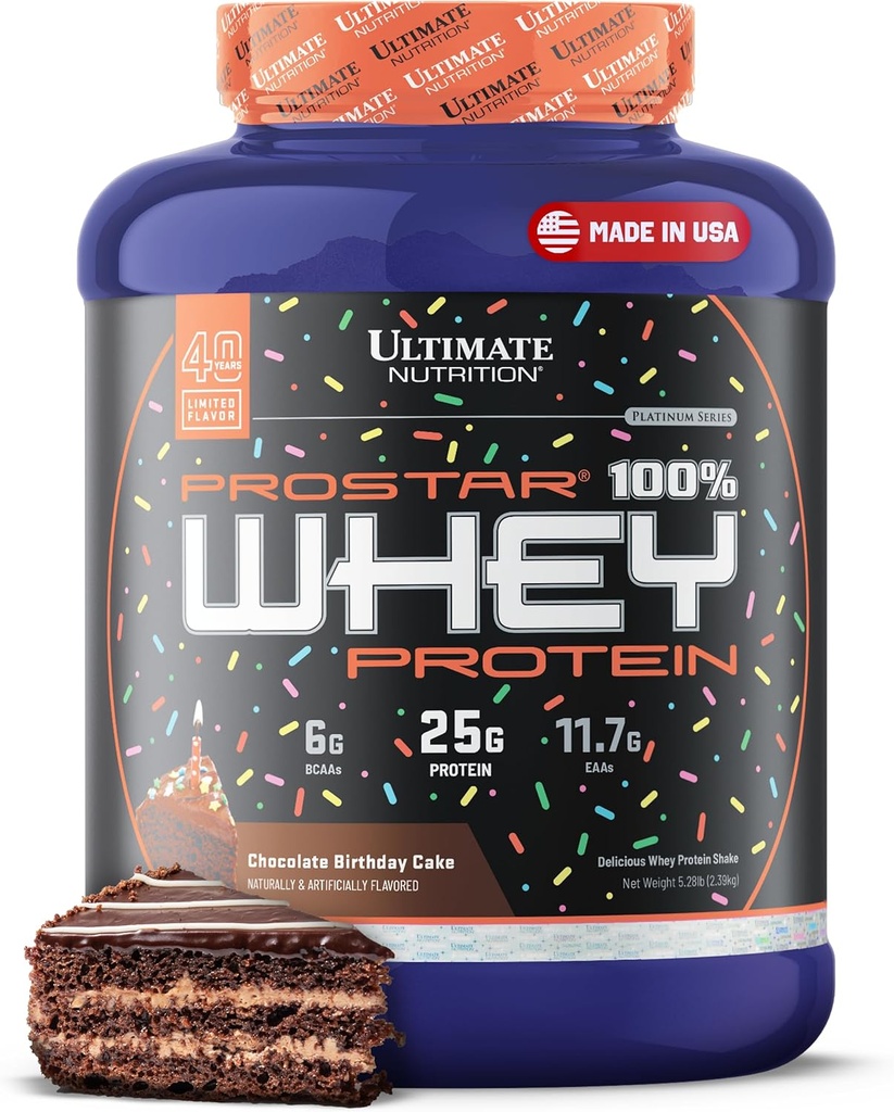 Ultimate Nutrition Prostar Whey Protein Powder Isolate, Torta di compleanno al cioccolato - Carbo basso, Shake ad alta polvere proteica per guadagno del muscolo & Recupero - Sodio basso, basso-Fat & Keto Friendly - 5.28 lbs Tub