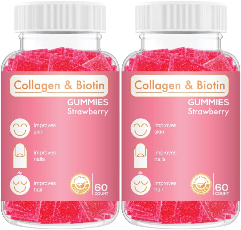 Collagen Biotin Gummies - Supporti Capelli, Pelle & Nails Crescita dei capelli Anti invecchiamento Cura Chewable Gummy Vitamins, Vegan, Non OGM, Gluten Free, Gelatin Strawberry Flavor 120 Count, Rosa