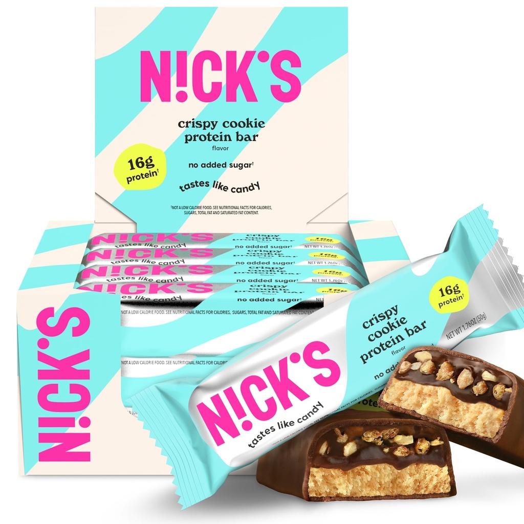 Nick's Protein Bars Crispy Cookie Chocolate, High Protein, Calorie basse, Carb basso, Keto Friendly Snacks No Aggiunto Zucchero (Multipack 12 bar x 50g), Crispy Cookie aroma