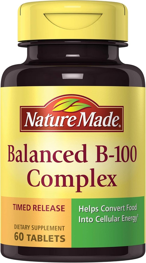 Natura Made Equilibrato B-100 Rilasciato Tempo (Thiamin, Riboflavin, Niacin, B6, B12, Biotin, Acido Pantotenico & Acido Folico) Compresse 60 Ct