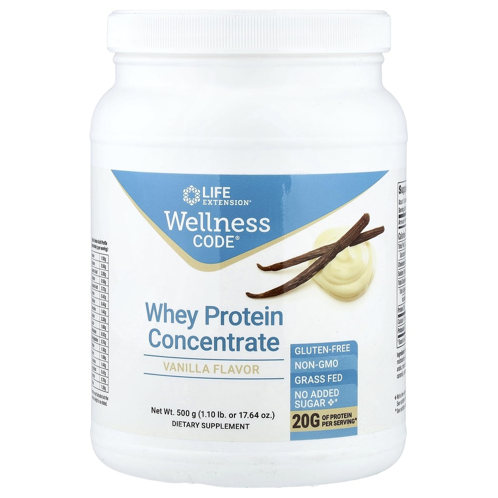 Life Extension Wellness Code Whey Protein Concentrato 20g Crescita del muscolo & Salute Immune - Fonte da Grass-Fed, Free-Range, Ormone-Free Cows, Non-OGM, Non Aggiunto Zucchero, Vanilla- 500g