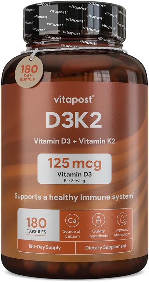 D3K2 | D3 K2 combina vitamina K e vitamina D con calcio e bioperina. D3 e K2 Integra le ossa sane, cuore e muscoli | 180 capsule