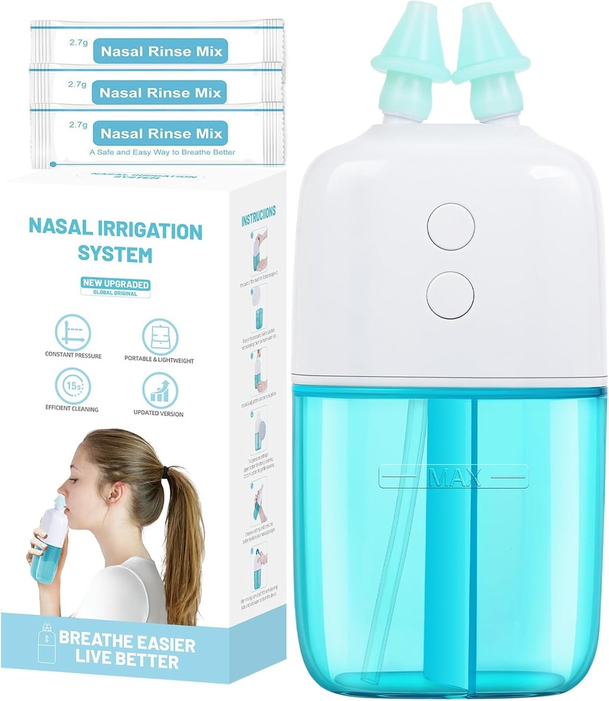 Sistema di irrigazione nasale con 30 Saline Packets – Dual Speed e Auto Waste Collection – Irrigatore nasale portatile e di viaggio – Pulitore nasale per la macchina del risciacquo del seno