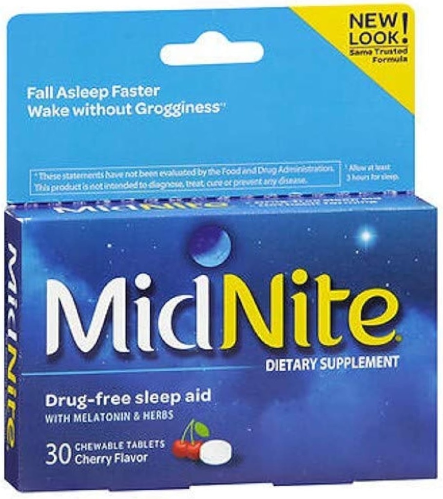 Salute del sonno di MidNite per l'insonnia occasionale, 30 Chewable Cherry Tablets (Pack of 3)