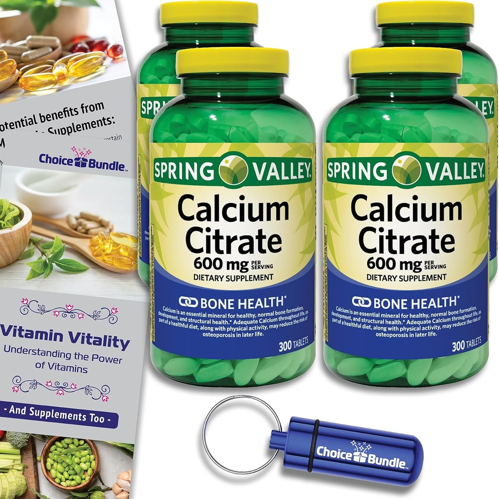 Citrato di calcio della valle della primavera Compresse Integratore alimentare 600 mg 300 Ct 4 pk Scelta Bundle (1200 Totale) + Guida alla vitamina & Pill Container (6 voci)!