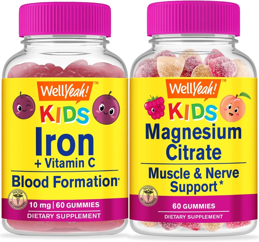 WellYes ferro + vitamina C bambini + citrato di magnesio bambini, gommoni Bundle - Grande degustazione, supplemento di vitamina, senza glutine, OGM libero, pancia masticabile