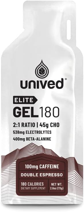 Unived Elite Gel 180-2:1 Rapporto di Carbi semplici e complessi con Beta Alanine & Essential Electrolytes - per Endurance Athletes Runners & Cyclists -180kcal - Double Espresso - 100mg Caffeine - Confezione di 6