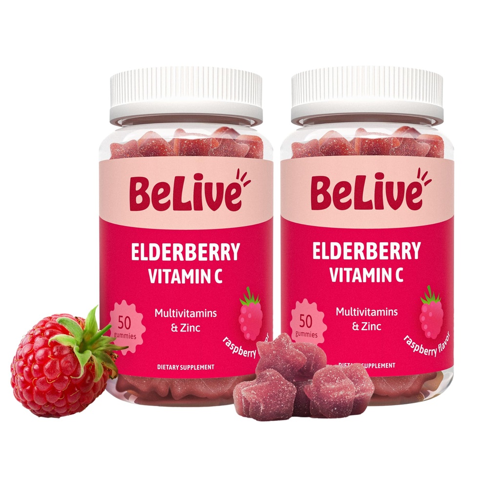 BeLive Elderberry Gummies con Zinco e Vitamina C - Integratore di Supporto Immune con Vitamina D, A, E, B12 - Gummies for Healthy Bones & Teeth, Vegan, Keto & Non-GMO - Raspberry Flavor | 2-Pack
