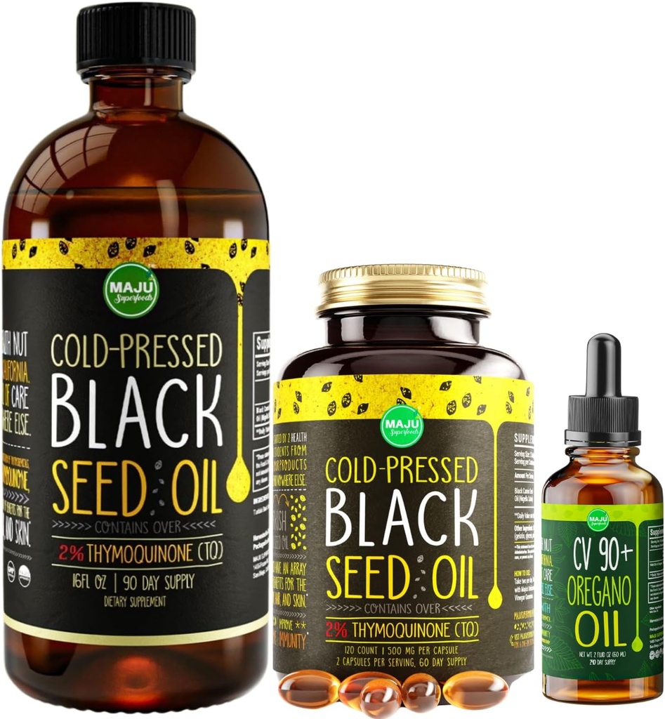 Maju Superfoods Grande olio nero di semi e origano Bundle