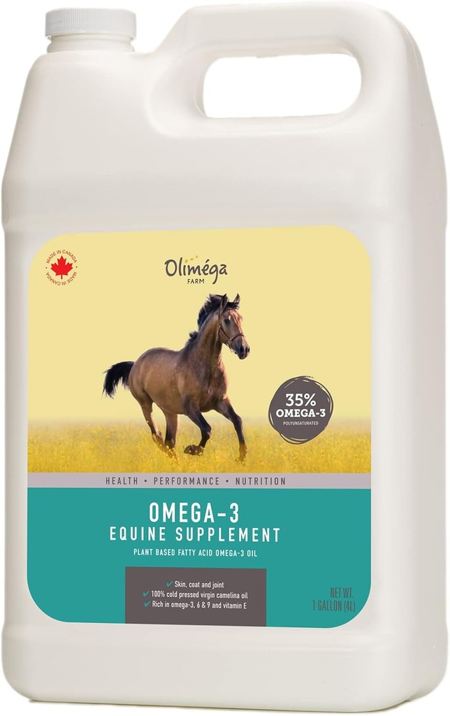 Olio di Camelina per cavalli, 1 gallone di Olimega Farm | Alto in Omega-3 & Vitamina E | Supporto per giunti sani, Coat & Skin | Pure & Cold Pressed | Joint Supplement | Made in Canada | Non OGM