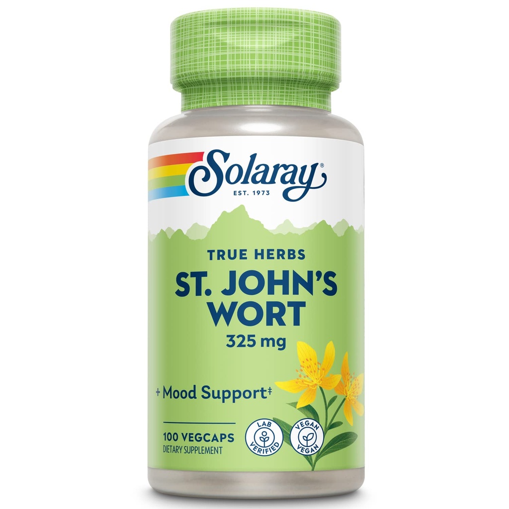 SOLARAY St Johns Wort 325 mg Tutta aerea - Salute e Mood Support Supplemento - 60-Day Money Back Guarantee - Non-GMO, Vegan, Lab Verified (100 CT)