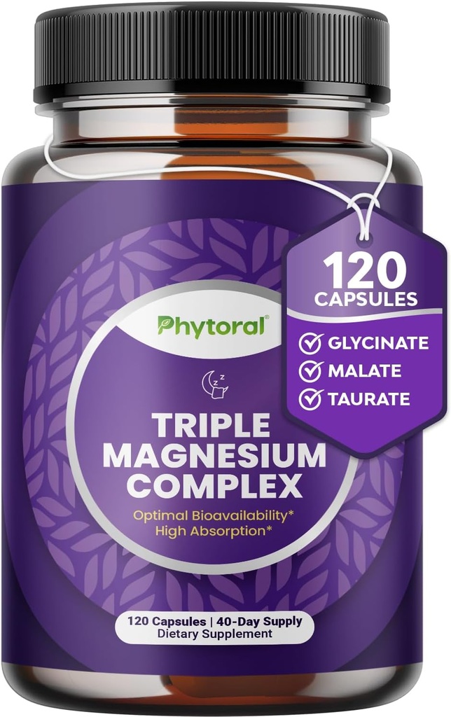 Capsule Complesso Magnesio Altamente Potenti - Triple Magnesium Blend con Taurate Glycinate e Malate - 400mg Supplemento Supporta Rilassamento &amp; Totale Benessere Non OGM Vegan 120 Capsule
