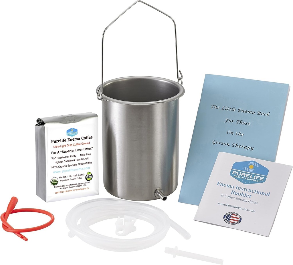 Purelife Detox Coffee Enema Kit - Made in USA - 2 Qt / Superior non tossico Made in USA Quality / 1 lb Purelife Ultra Light Gold Enema Coffee - Lab testato senza mycotoxins- Silicone Tubing