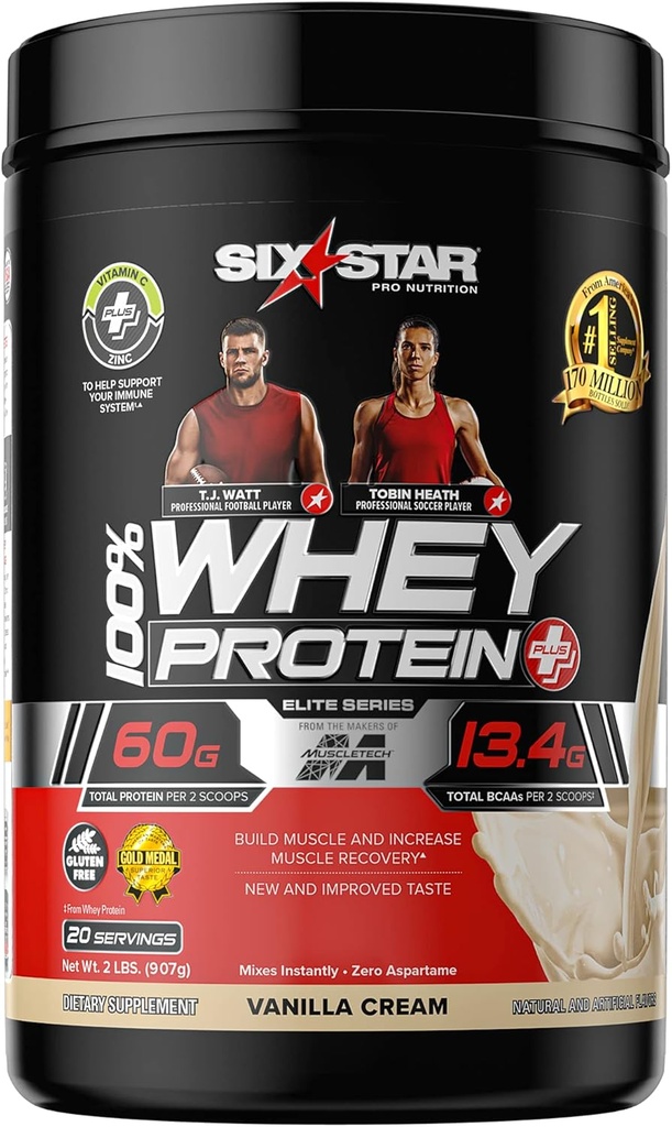 Polvere proteica del siero + supporto immunitario | Six Star Whey Protein Plus | Isolato proteico del siero e peptidi + Costruttore del muscolo | Polvere proteica magra per guadagno muscolare & recupero | Vanilla, 2 lbs