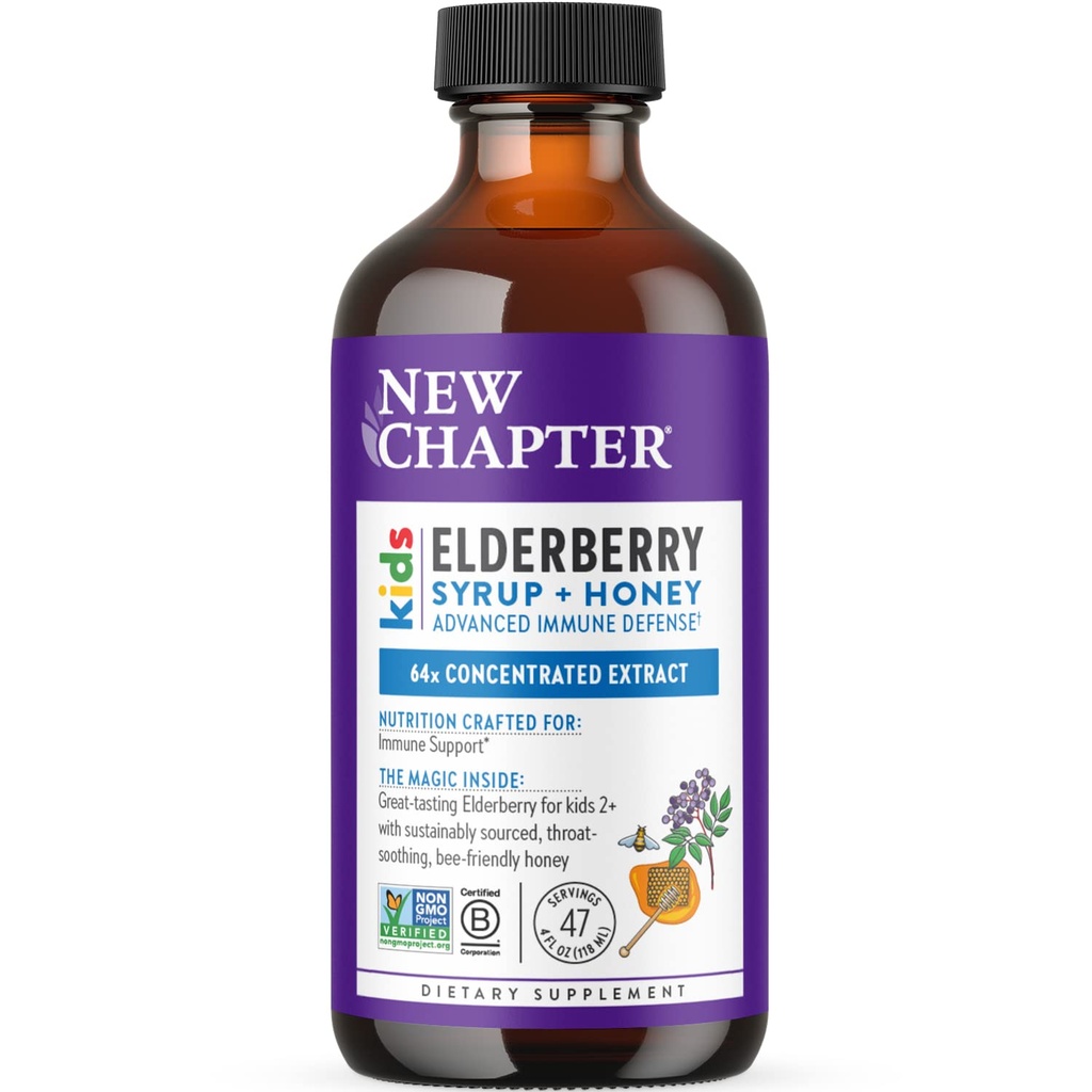 Nuovo Capitolo Elderberry Kids Syrup, Advanced Immune Defense for Ages 2+, 64x Concentrated Elderberry, addolcito con Throat-Soothing Grade A Honey, Non-GMO Project verificato, 4 Fl Ounce