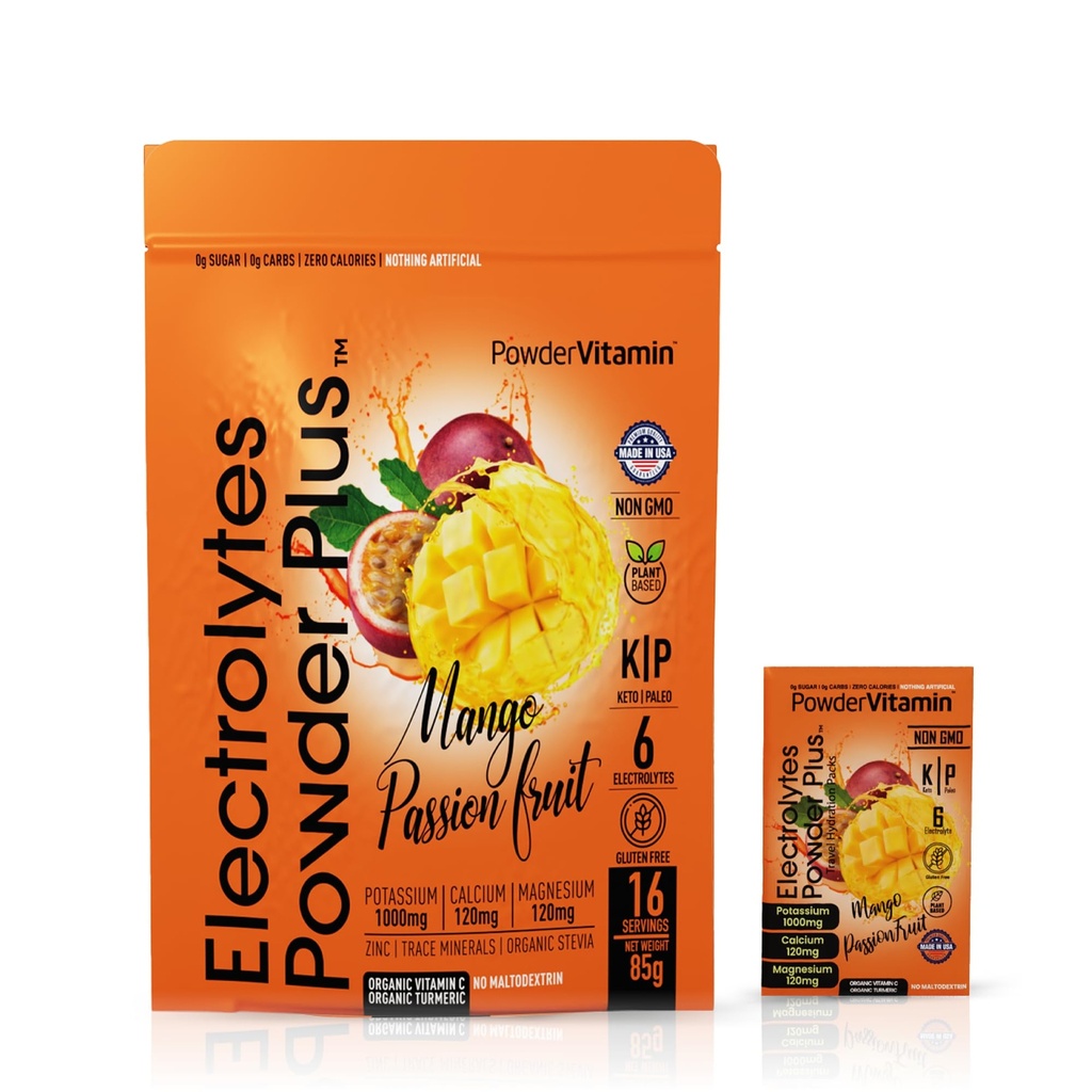 PolvereVitamin Electrolytes Powder Plus, Keto, Mango Passionfruit, Sugar Free, Pink Himalayan Salt, 1000mg Potassium, 120mg Calcium, 120mg Magnesio, Non OGM, Zero Calories, (16 Hydration Packets)
