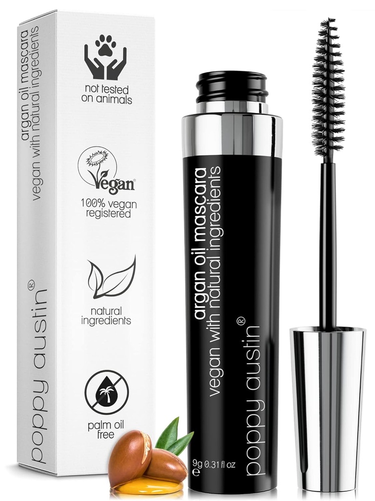 Poppy Austin Organic Mascara, Natural, Vegan, Paraben-Free, Cruelty-Free - Ipoallergenico Mascara Allungamento & Volumizing with Argan Oil - 0.31 Fl Oz (nero)