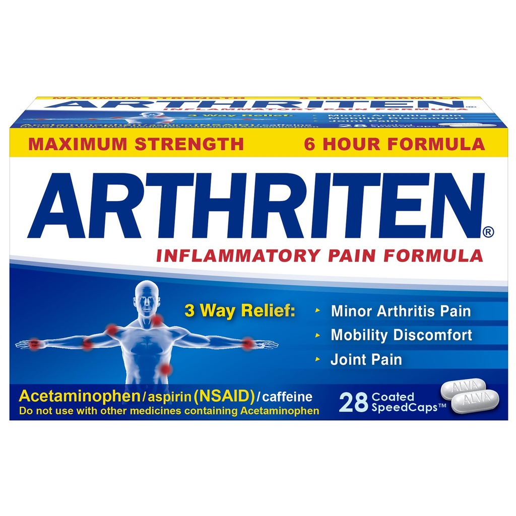 Capelli gonfiabili di formula del dolore con 3 ingredienti attivi: aspirina, acetaminofene e caffeina, bianco, 28 conte (pacchetto di 1)