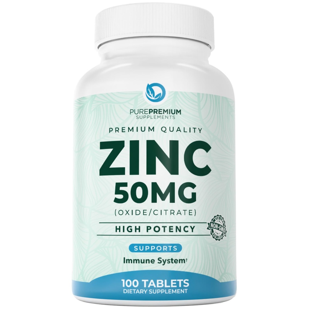 PurePremium Natural Zinc 50mg Integratori per Uomini/Donne - GMP-Certified High Potency Vitamin Zinc Citrate/Ossido per Adulti, Antiossidante Immune, Supporto Energetico - 100 compresse