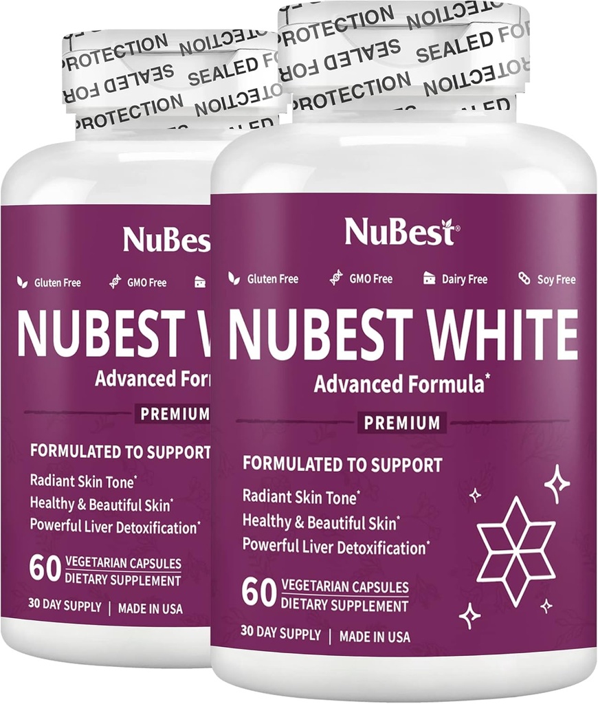NuBest White - Integratore di sbiancamento della pelle, Supplemento per l'invecchiamento anti con Glutathione, Vitamina C, E, B2, Estratto di cardo del latte, Estratto di tè verde per l'illuminazione e la luminosità | Pack 2