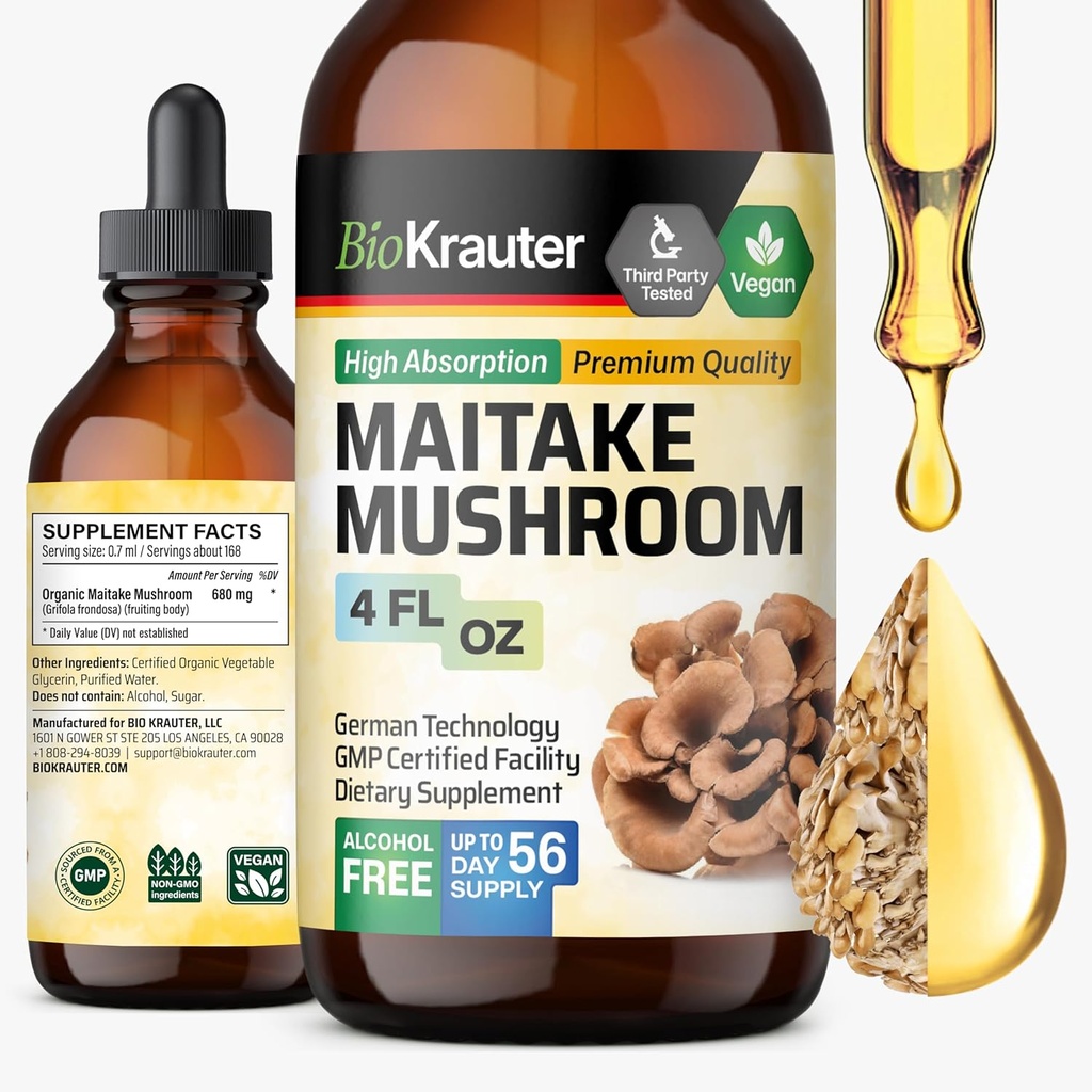 BIO KRAUTER Maitake Estratto di funghi - Maitake Supplemento liquido per il supporto immunitario - 680 mg per porzione - Vegan, Alcol & Sugar Gocce libere 4 Fl.Oz.