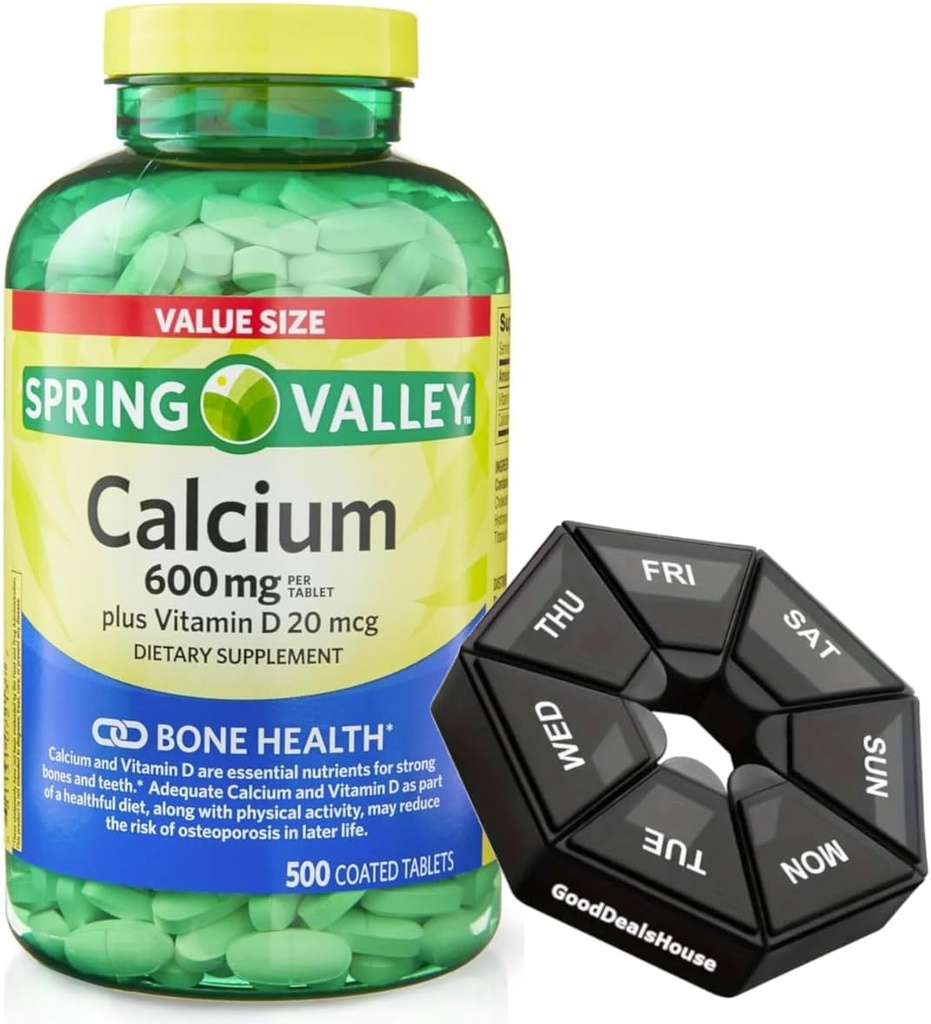 Primavera - Valley Calcium 600 mg + Vitamina D 20 mcg - 500 Conta con l'organizzatore di pillole settimanali GoodDealsHouse - Integratore alimentare Bone Compresse