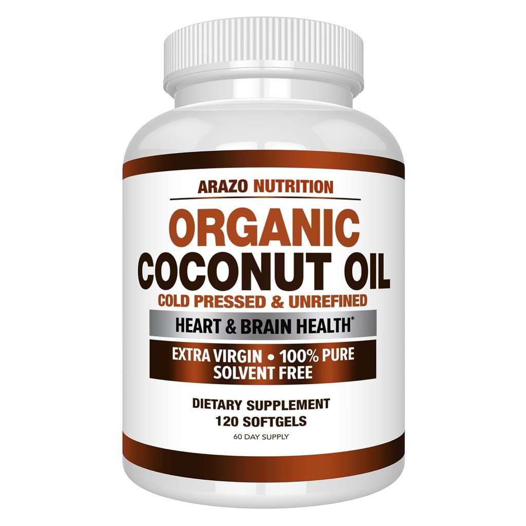 Arazo Nutrition Organic Coconut Oil 2000 MG - 100% Extra Virgin Unrefined Cold Pressato per il supporto del peso, Pelle, Capelli, Unghie - 120 Softgel Capsules