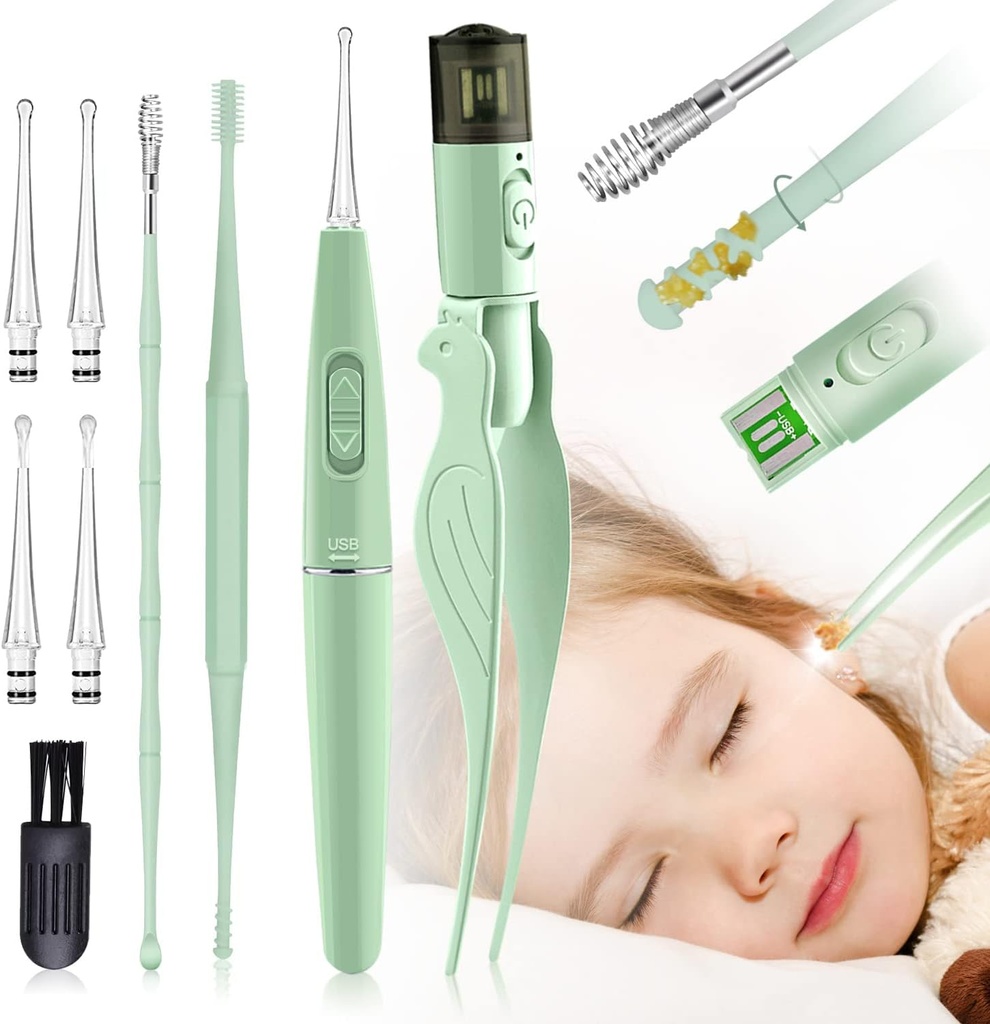 Strumenti di rimozione della cera dell'orecchio, 9 strumento di pulizia dell'orecchio del pacchetto, scegliere dell'orecchio con 2 luci del LED, il dispositivo di rimozione della cera dell'orecchio dell'orecchio di USB per bambini e adulti
