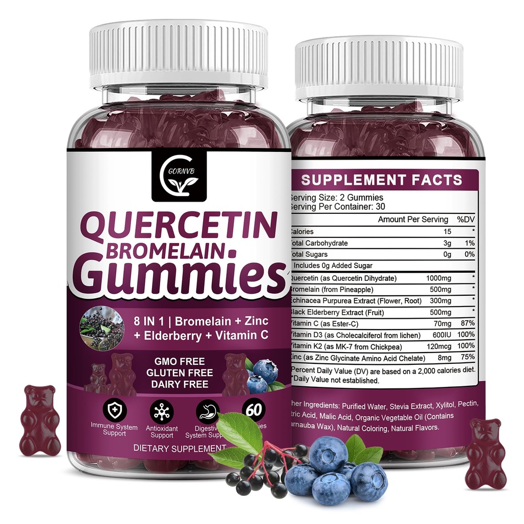 Gummie di Quercetina con Bromelain 2378mg - Blend with Elderberry, Echinacea Purpurea Extract, Zinc, Vitamina C,D3,K2, Supporti complessi Immune, Cardiovascolare & Respiratory, Gummy Vegan per Adulti & Kid