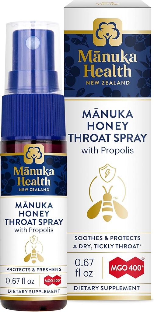 MANUKA HEALTH, Manuka Honey Throat Spray con Propolis .67 fl oz, Protegge e rinfresca, MGO 400+, BIO30 Nuova Zelanda Propolis