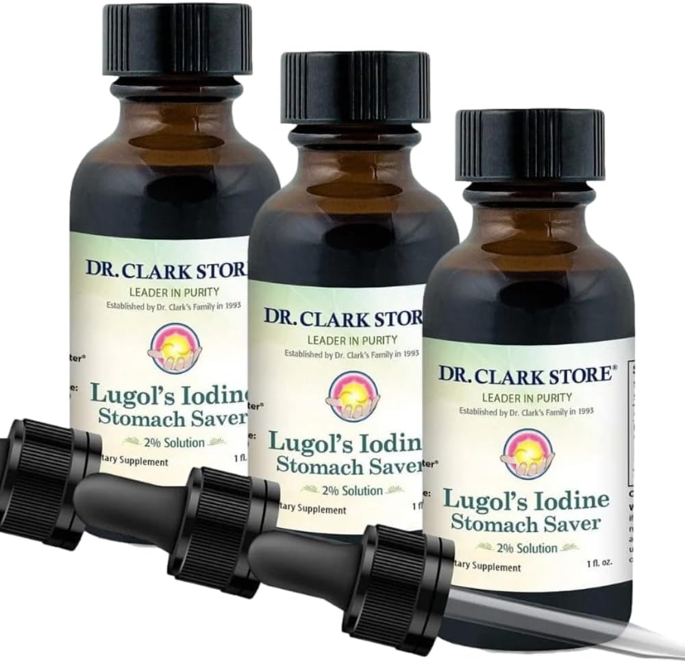 Dr. Clark Lugol’s Iodine 2% Soluzione - Aqueous e 2% Granular Iodio - Natural Stomach Relief and Healthcare - 1 fl. Oz con un Dropper 3Pack