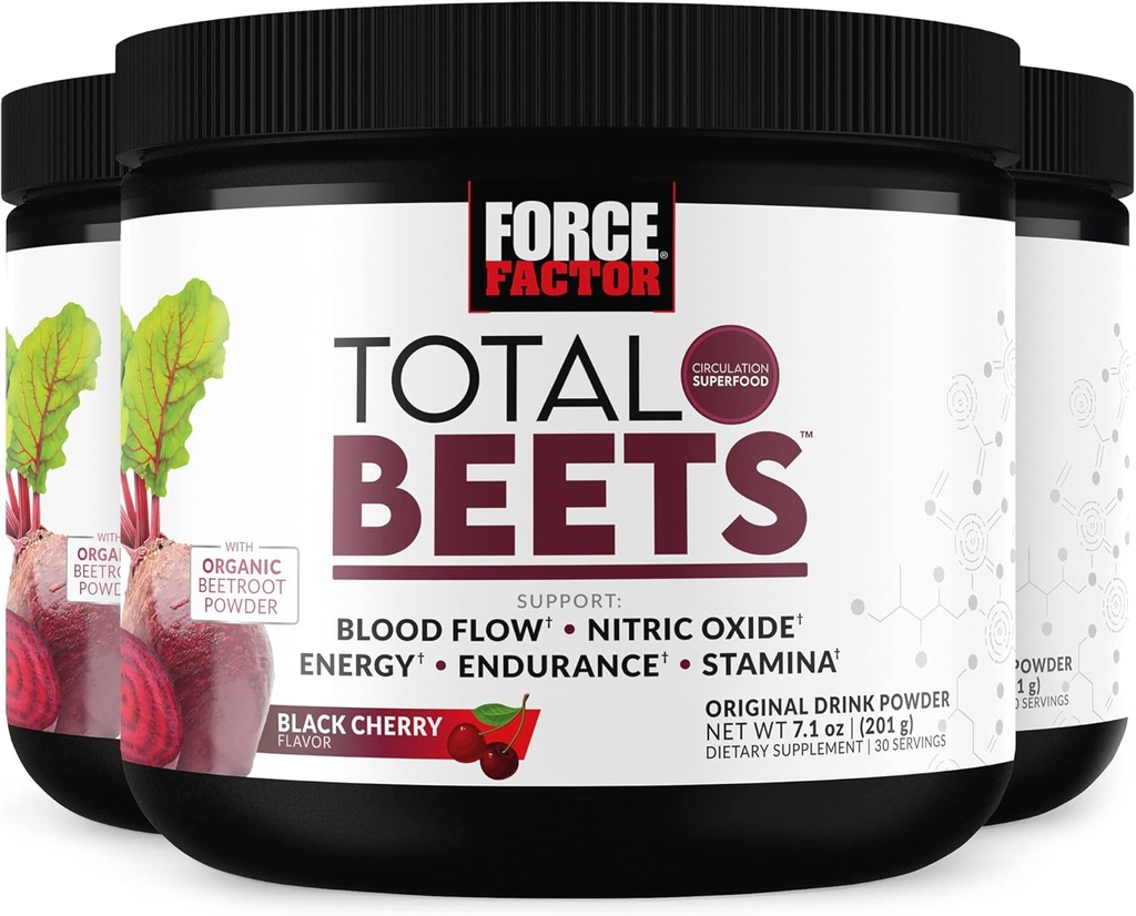 FORCE FACTOR Total Beets Superfood Beet Root Powder 3-Pack, Nitrates to Support Circulation, Flusso di sangue, Ossido nitrico, Energia, Endurance, Stamina, Cardiovascolare Heart Health Supplement, 90 Servings