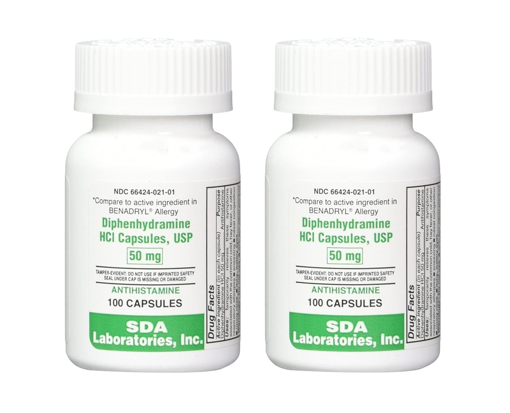SDA LABORATORIES Diphenhydramine 50mg, Allergy Relief, Antihistamine Capsule, Fast-Acting Formula per starnuti, Runny Nose & Itchy Eyes – 100 Count (2 Pack)