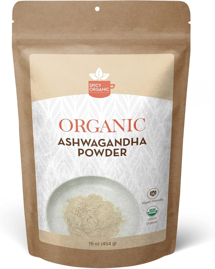 SPICY ORGANIC Organic Ashwagandha Root Powder – 1 lb., Non-GMO, 100% crudo dall'India – Indian Ginseng (Withania Somnifera) – Natural Stress Support, Energy & Immune Health