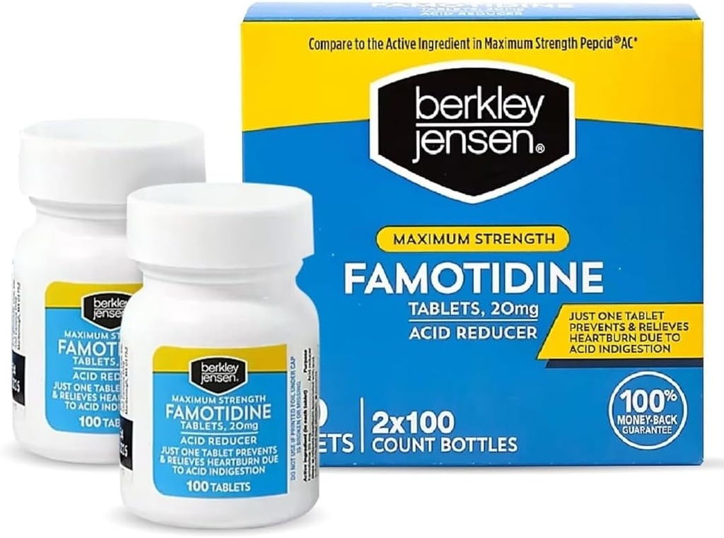 berkley jensen Massima resistenza Famotidine 20 mg - (200 conta), compresse di riduzione dell'acido, allevia i sintomi di bruciore di stomaco e di indigestione dell'acido, Prevenzione e sollievo di bruciore di stomaco di tutti i giorni