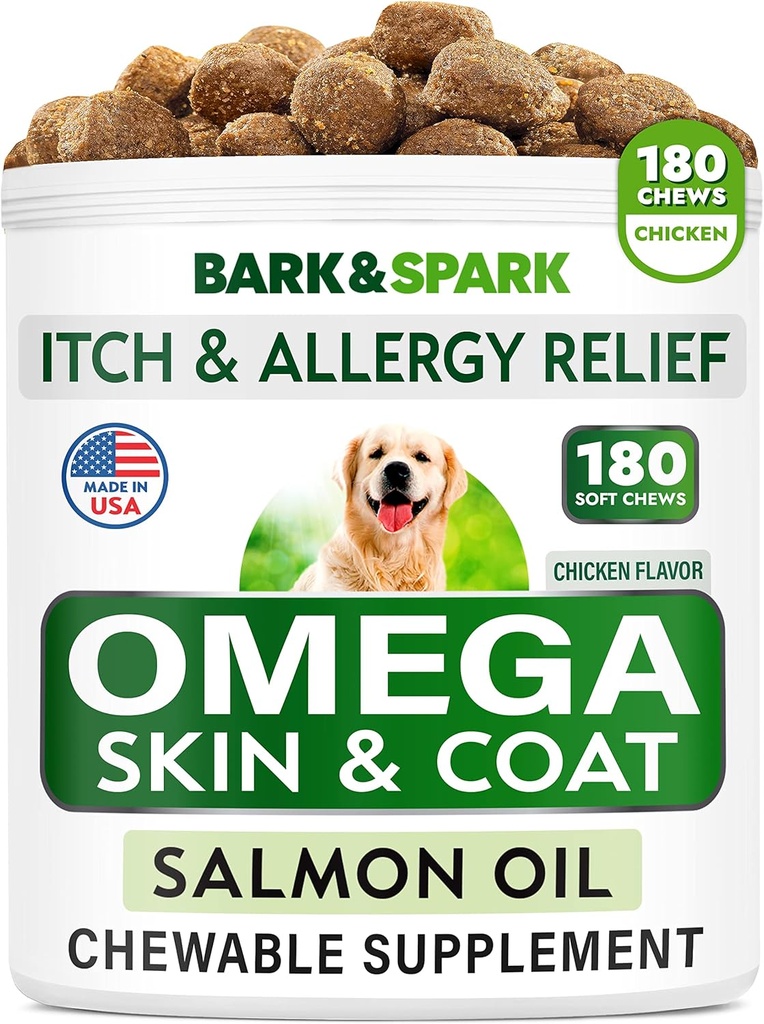 BARK&SPARK Omega 3 per cani - 160 Fish Oil Treats per cani - Skin and Coat Supplement - EPA & DHA Fatty Acids - Canine Salmon Oil - Anchovy