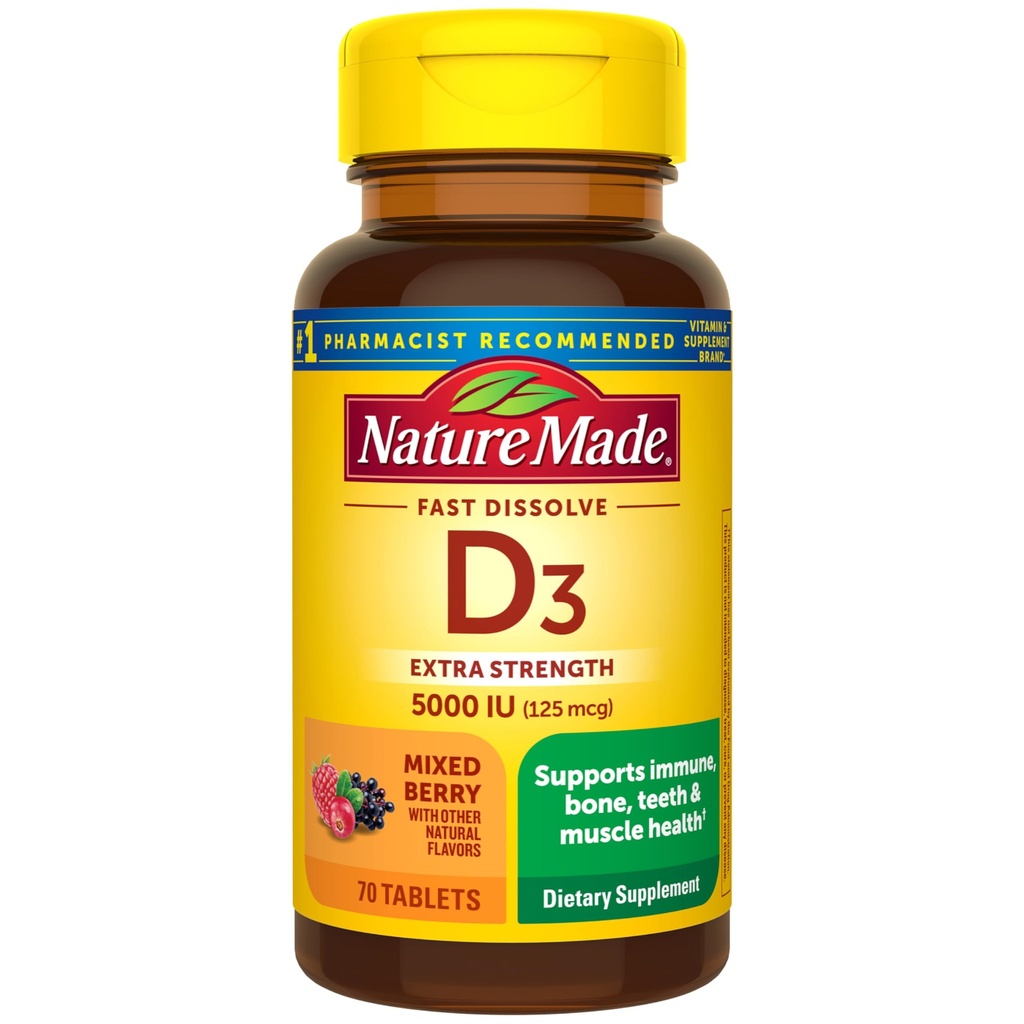 Natura fatta vitamina D3 5000 IU (125 mcg) Extra resistenza, vitamina D supplemento per il supporto immunitario, 70 compresse di dissolvere senza zucchero, 70 giorni di alimentazione