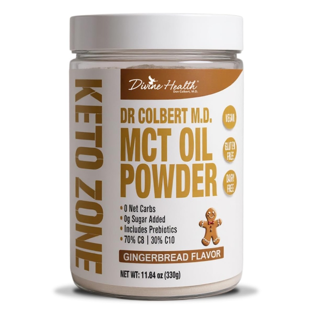 Divine Health Keto Zone® MCT Oil Powder | Gingerbread | 330 G | 30 Day Supply | Dr. Colbert's Keto Zone Diet Book | Coffee Creamer | 70% C8 30% C10 | 0 Carbs netti
