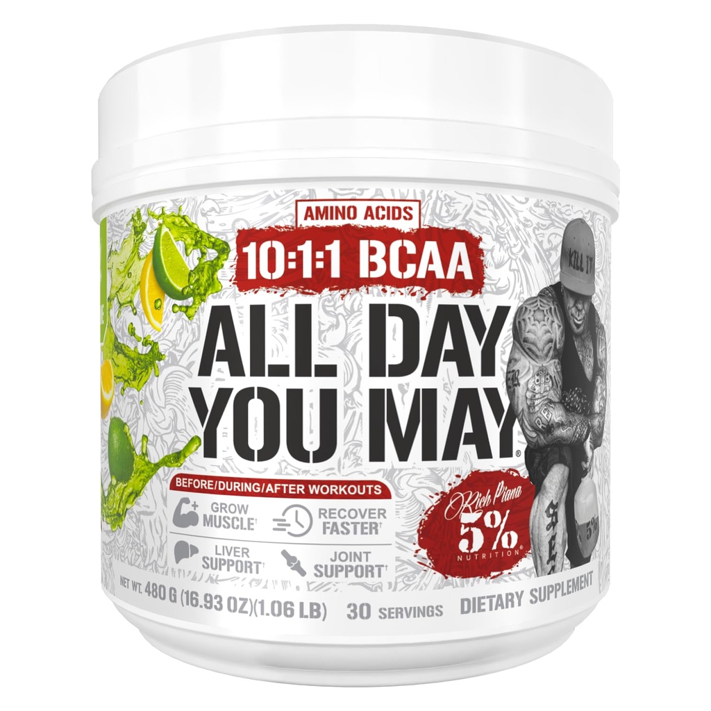5% Nutrition Rich Piana AllDayYouMay BCAA Powder | Premium Intra & post Workout Aminoacidi, Idratazione, Endurance, recupero del muscolo, Joint & Liver Support | 15.3 oz, 30 Serve (Lime di lemone)