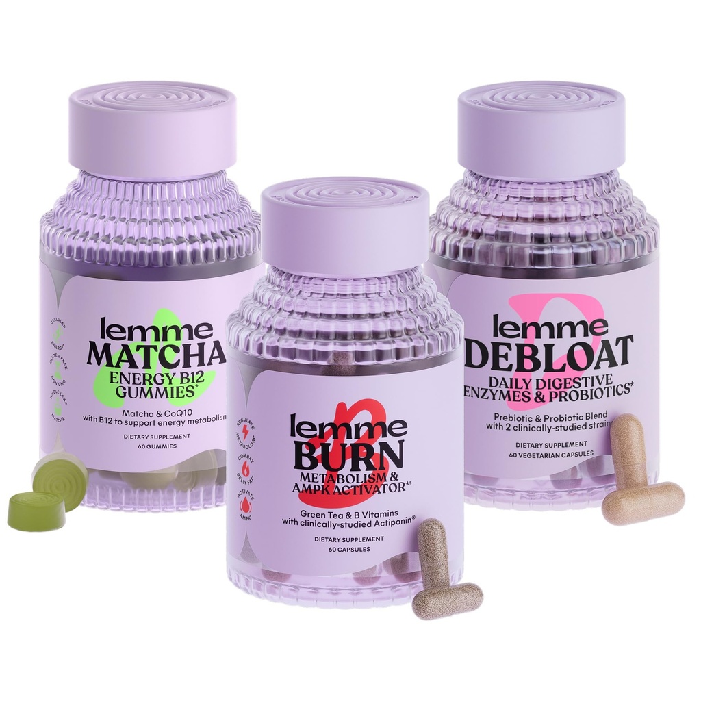 Lemme Burn, Debloat & Matcha Bundle - Metabolismo & Fat Burning Capsule + Bloating & Gas Relief Capsule + Energy B12 Gummies - Gluten-Free, Non-GMO - 60 ct. ea