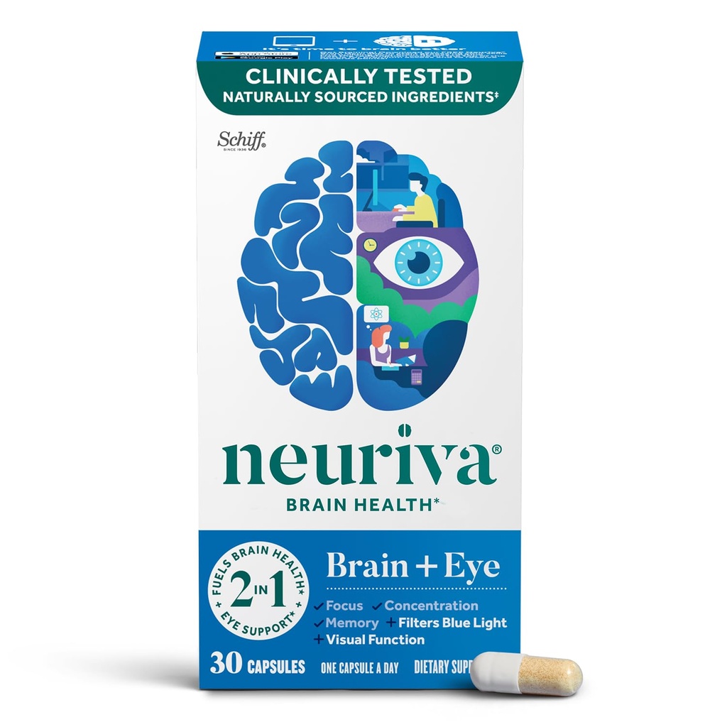 NEURIVA Brain + Integratore Occhiale per Memoria, Focus & Concentrazione con Lutein & Vitamine A C E e Zinco per Salute Occhiale & Zeaxantina per Filtrare Luce Blu, 30ct Capsule