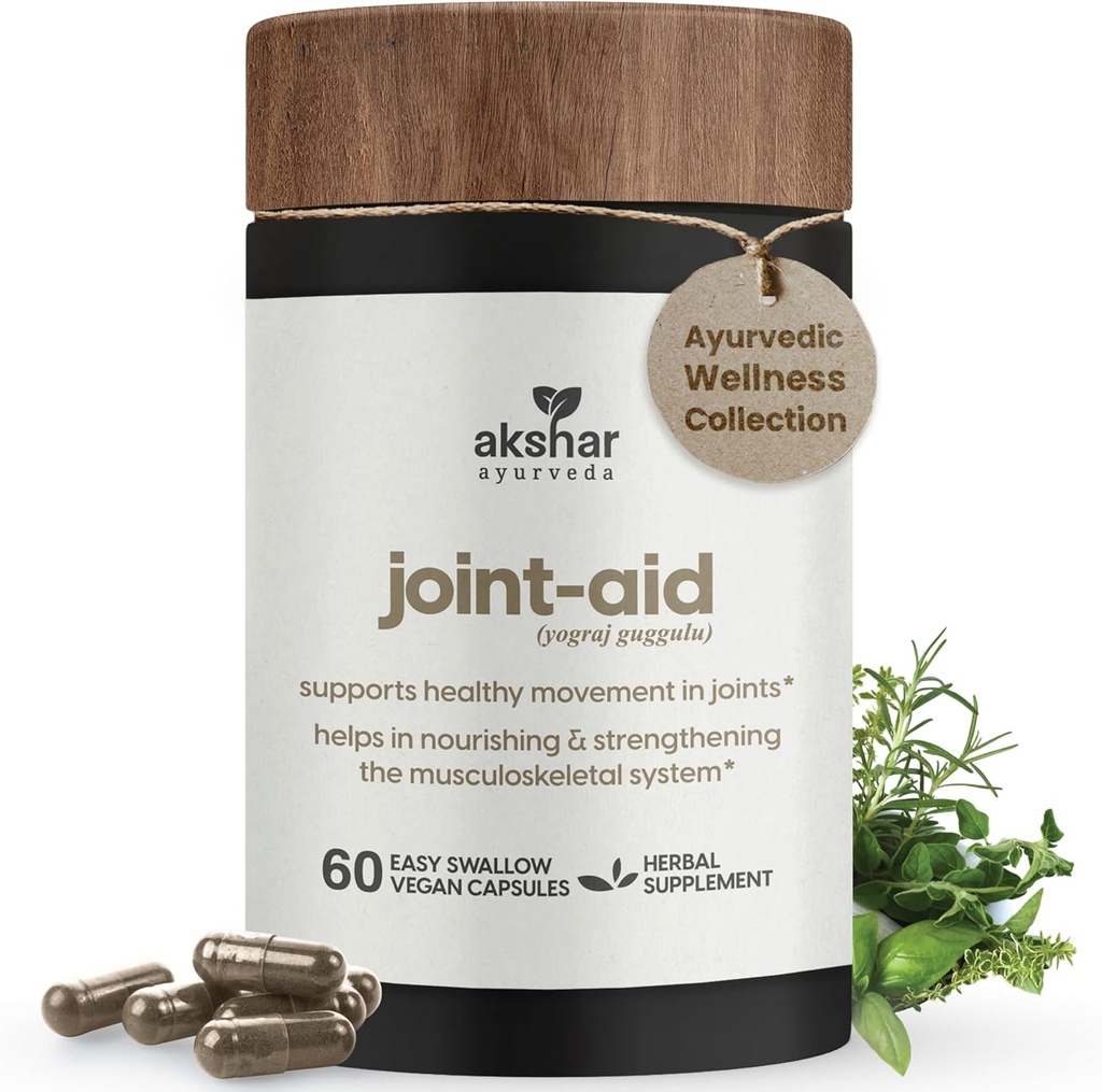 AKSHAR Ayurveda - Aiuto congiunto - Integratore congiunto di erbe indiano per il sollievo di mobilità occasionale di ginocchio, schiena, mani - Integratori muscolari e giunti senza crudeltà vegani (Pacchetto di 1 (60 Conte - A)))
